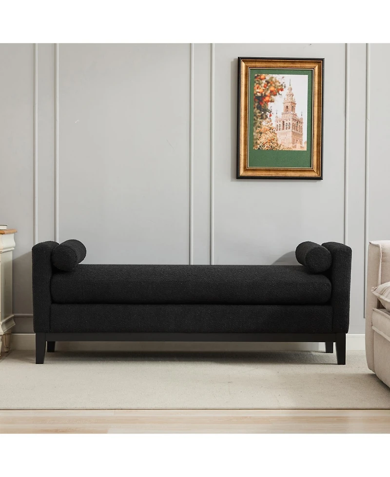 Streamdale Furniture Elegant Black Boucle Upholstered Bench with Bolsters