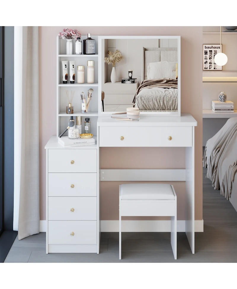 Streamdale Furniture + 37" + Wood + Vanity Table with Mirror, Stool & Storage