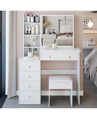 Streamdale Furniture + 37" + Wood + Vanity Table with Mirror, Stool & Storage