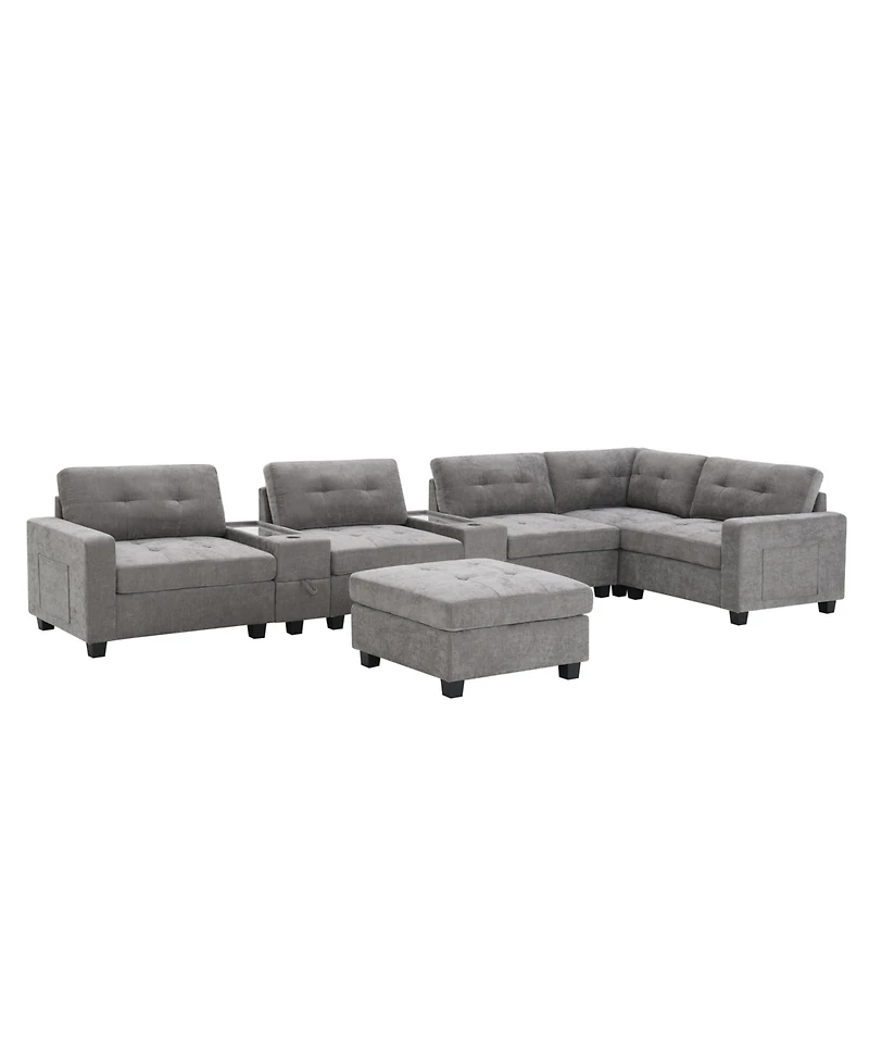 Streamdale Furniture 104" Tufted Sectional Sofa with Acrylic Table, Consoles, Usb Charger, Storage, Ottoman