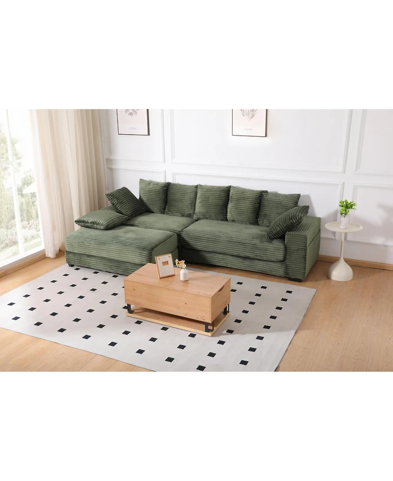 Streamdale Furniture Streamdale Corduroy Sectional Sofa w/ Ottoman & Pillows - Green