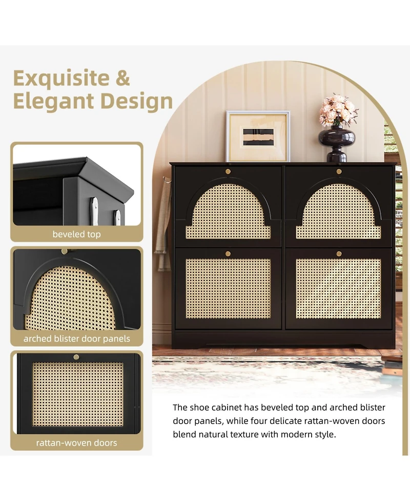 Streamdale Mid-Century Narrow Shoe Cabinet - 4 Flip Drawers, Rattan Doors, Hooks, Black