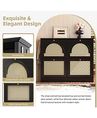 Streamdale Mid-Century Narrow Shoe Cabinet - 4 Flip Drawers, Rattan Doors, Hooks, Black