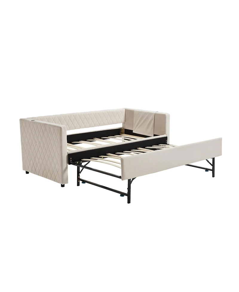Streamdale Furniture Beige Velvet Daybed - Modern Diamond Grid Design