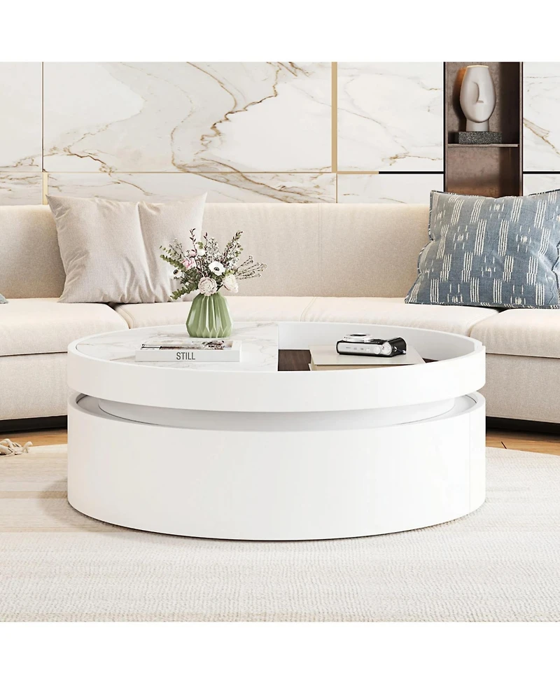 Streamdale White Round Lift Coffee Table, Marble/Wood Top, 29.5"