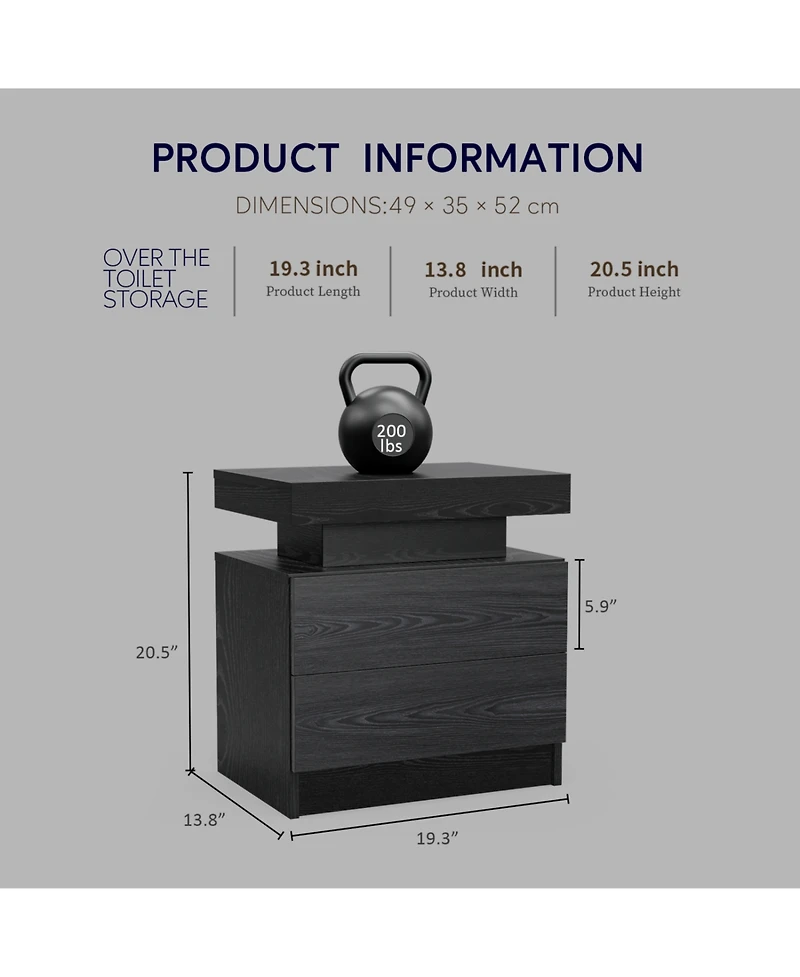 Streamdale Furniture Streamdale Led Nightstand Bedside Table with 2 Drawers