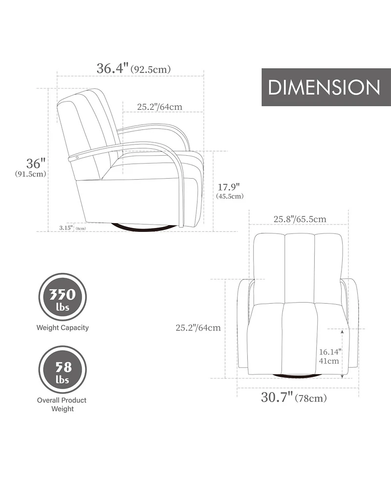 Streamdale Furniture Streamdale 30.7" Swivel Accent Chair - Channel Tufted, Solid Wood Arms - Charcoal