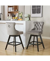 Streamdale Furniture Gray Velvet Swivel Barstools Button Tufted Set of 2