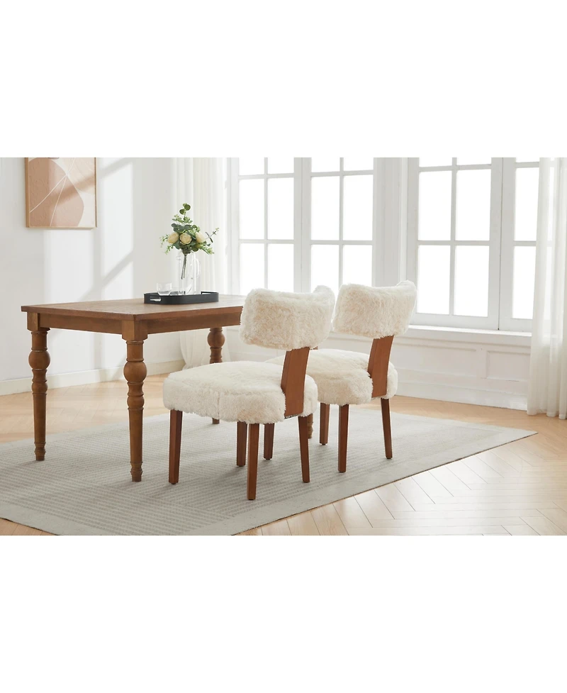 Streamdale Furniture Fur Fabric Armless Dining Chairs, Curved Back, Wood Legs, Ivory (Set of 2
