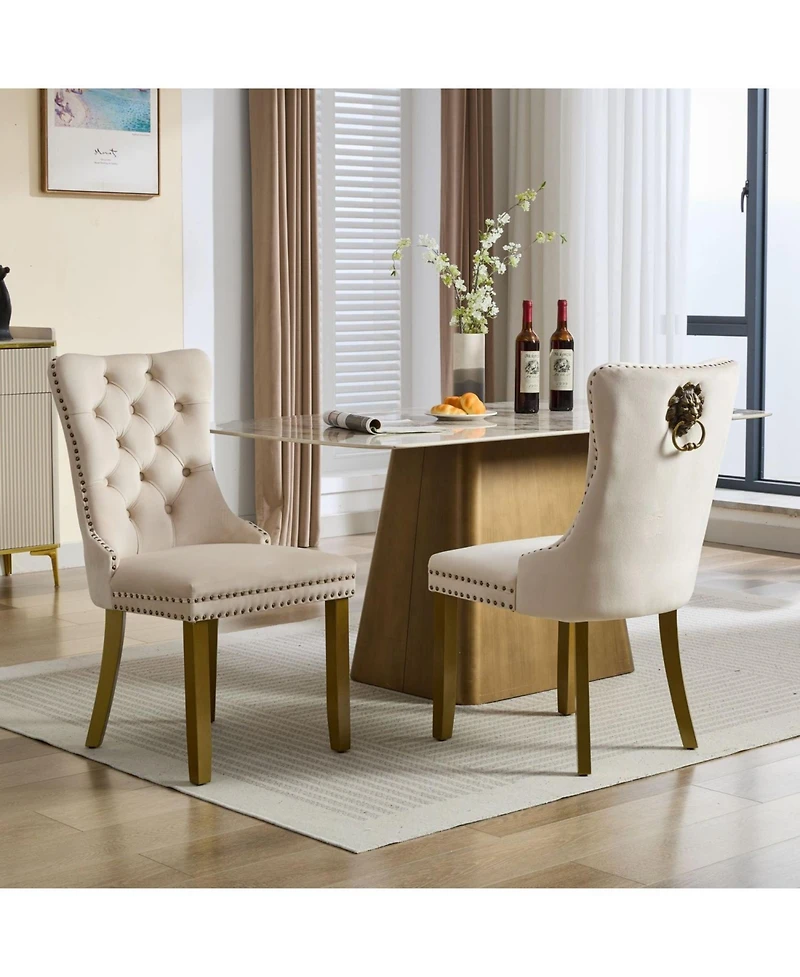 Streamdale Furniture Mid-Century Tufted Velvet Dining Chairs, Lion Head Ring, Gold Legs, Blue, 2-Pcs