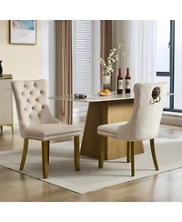 Streamdale Furniture Mid-Century Tufted Velvet Dining Chairs, Lion Head Ring, Gold Legs, Blue, 2-Pcs