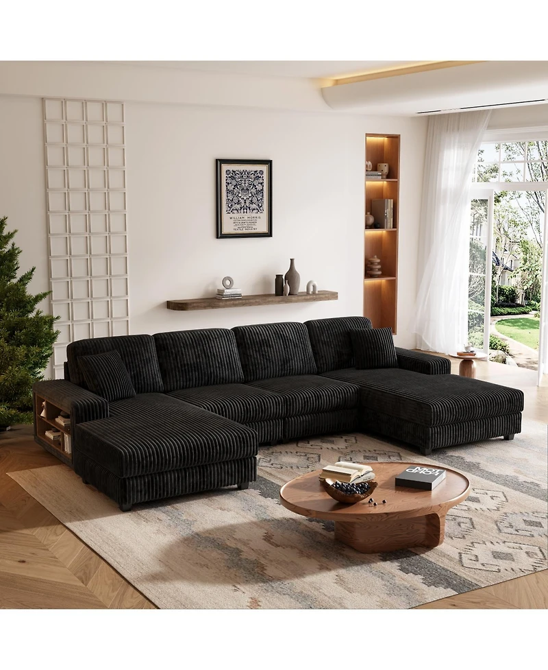 Streamdale Furniture Convertible Corduroy U-Shaped Sofa, Modern 4 Seat Couch