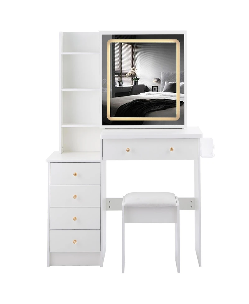 Streamdale Furniture 37" Bedside Vanity Table Set with - Cushioned Stool - Ac/Usb Sockets - Hair Dryer Stand - Touch Control Led Mirror