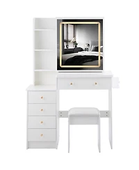 Streamdale Furniture 37" Bedside Vanity Table Set with - Cushioned Stool - Ac/Usb Sockets - Hair Dryer Stand - Touch Control Led Mirror