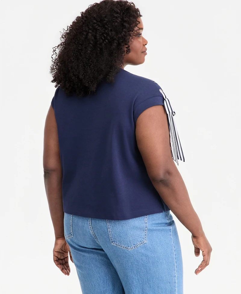 On 34th Trendy Plus Ribbon-Trim Crewneck Cotton Top, Macy's Exclusive