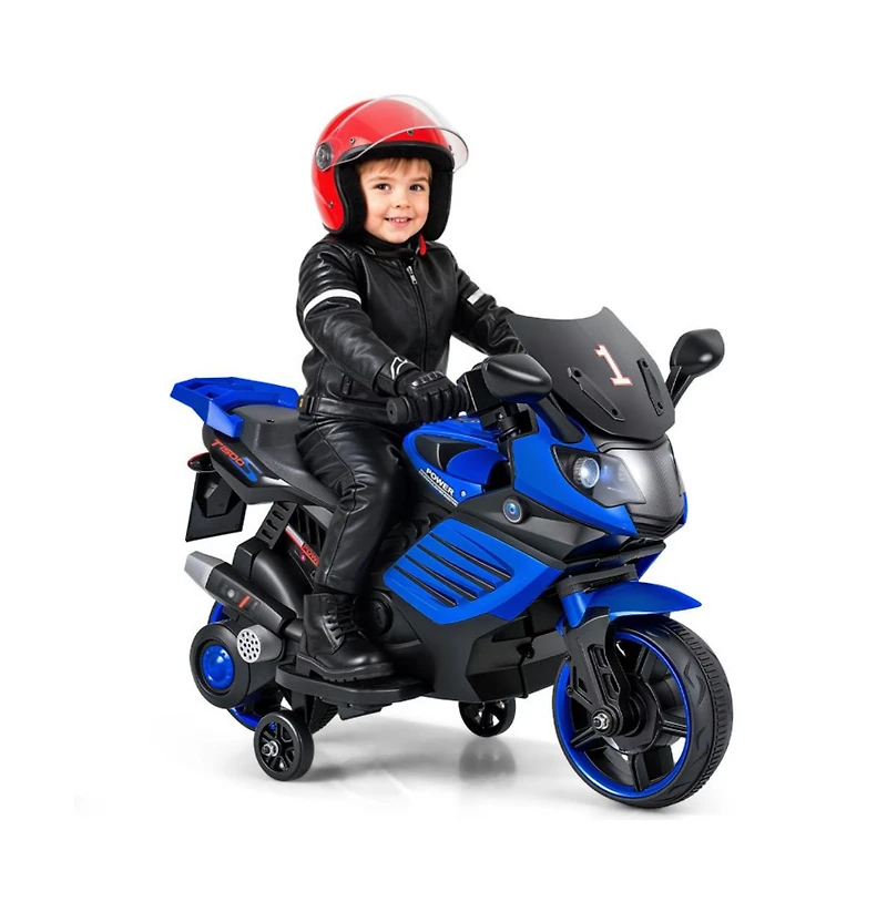 Hongge Kids Electric Ride On Motorcycle with Training Wheels and Realistic Driving Features