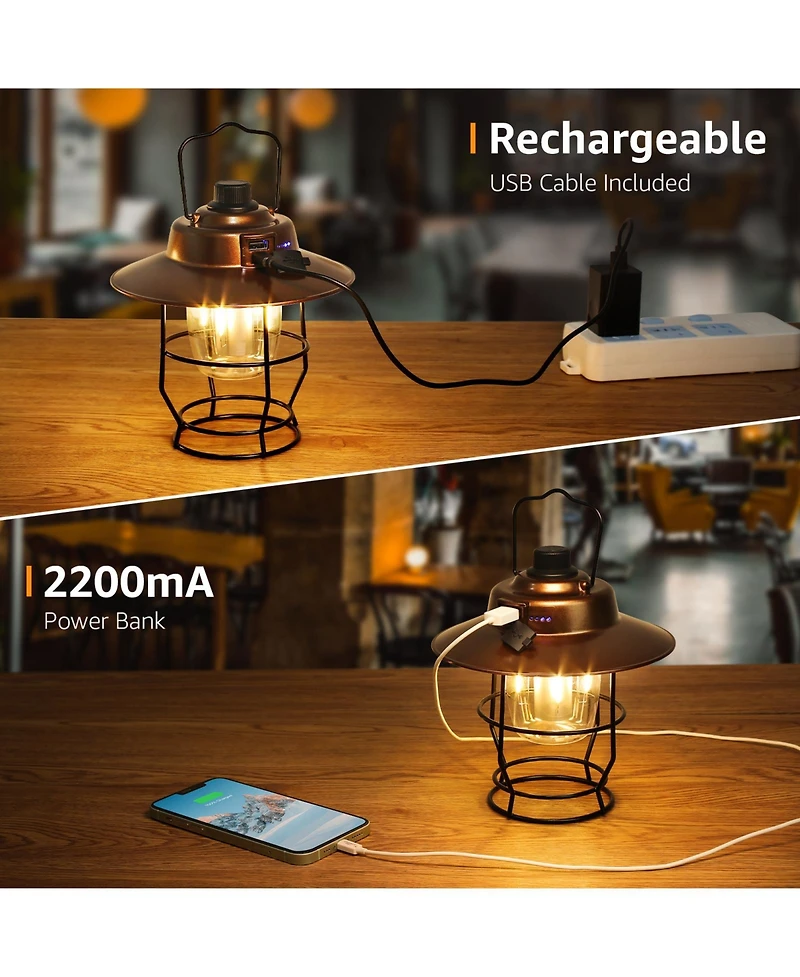 Lepro Vintage Led Rechargeable Metal Camping Lantern, Dimmable 3 Lighting Modes, Up to 450LM