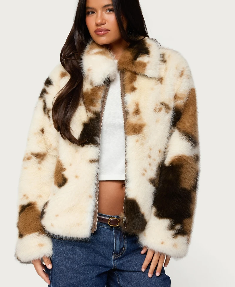 Edikted Women's Rayan Cow Print Faux Fur Jacket