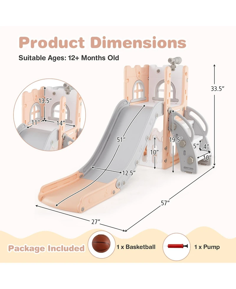 Hongge 6-in-1 Toddler Slide and Playground Set with Basketball Hoop and Climbing Ladder