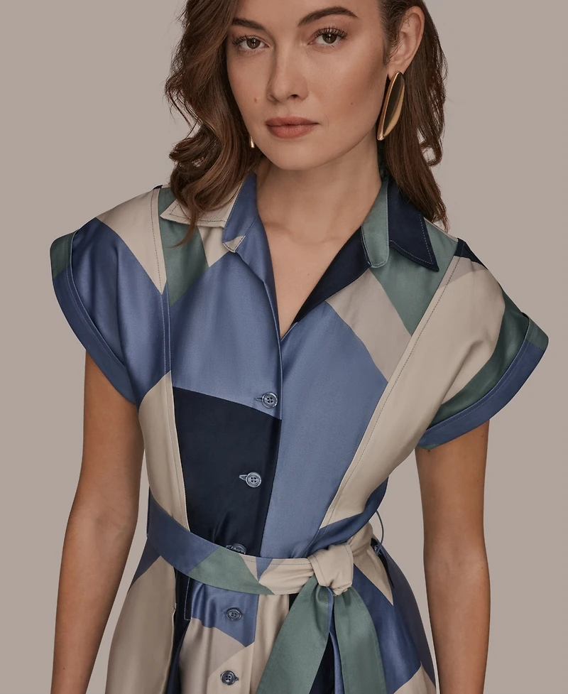 Donna Karan New York Women's Cap-Sleeve Spread Collar Geometric Colorblock Midi Shirt Dress