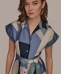 Donna Karan New York Women's Cap-Sleeve Spread Collar Geometric Colorblock Midi Shirt Dress
