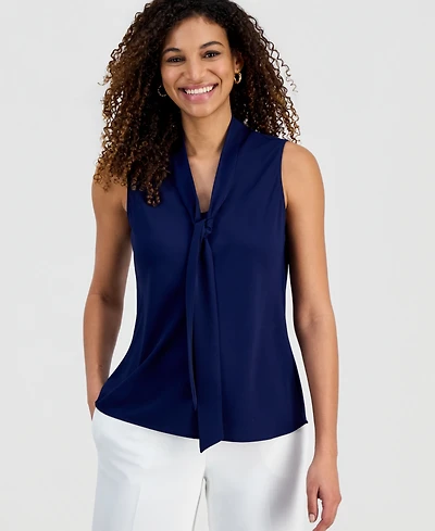 Kasper Women's Solid Sleeveless Tie-Neck Blouse, Regular & Petite