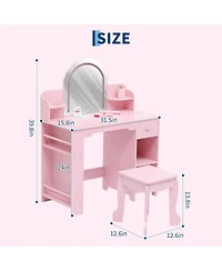 gaomon Kids Vanity with Lighted Mirror & Stool, Little Girls Adjustable Led Light, Bookshelf