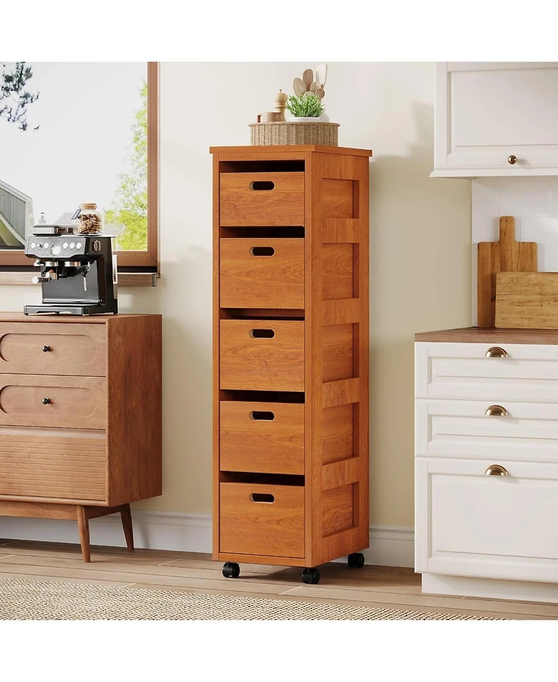 Tribesigns Slim Vertical Tower Unit with Wheels, Tall Narrow Wood Organizer Tower, Walnut Brown