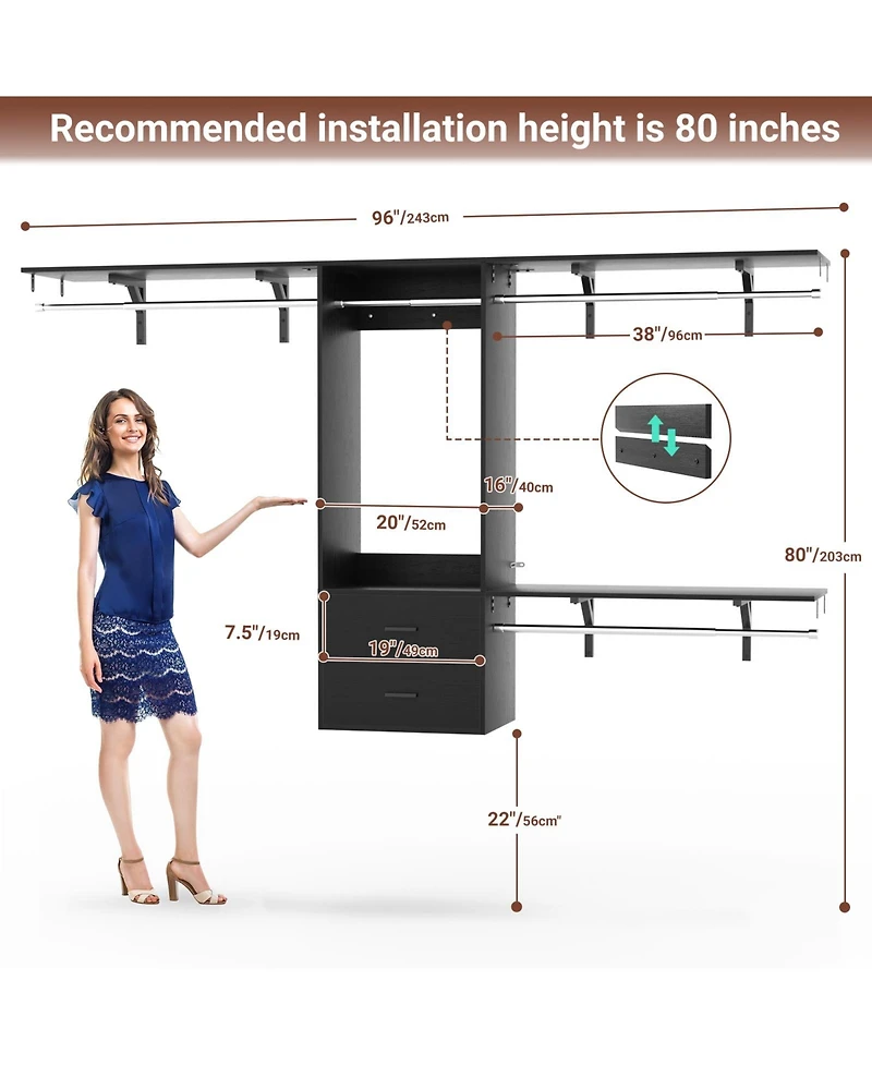 96 Inch Wall Mounted Closet Organizer System with 3 Shelves and Rods, Rack 2 Drawers