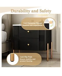 Streamdale Furniture Modern Black Nightstand with Fluted Drawers & Gold Accents