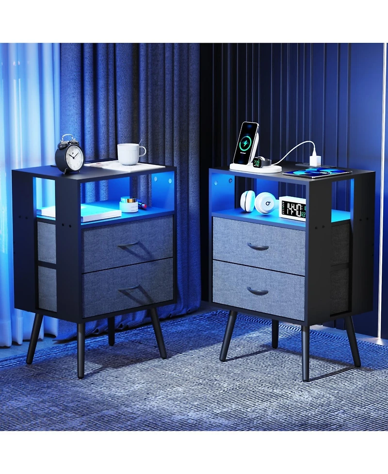 Streamdale Furniture Charging Nightstand with Led & Fabric Drawers