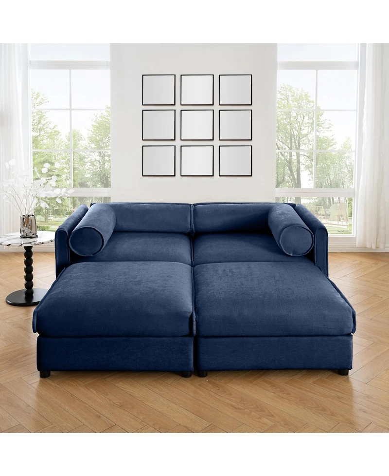 Streamdale Furniture Blue Chenille 2-Seater Sofa with Storage Ottomans