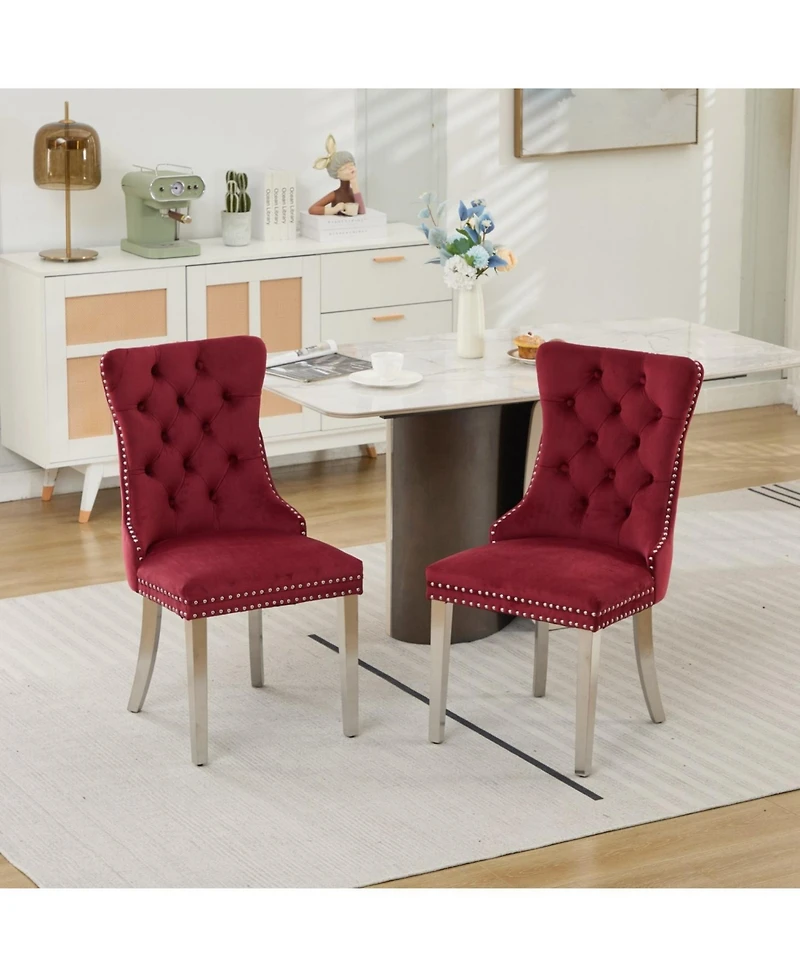 Streamdale Furniture Tufted Velvet Dining Chairs, Wine Red, Chrome Legs, Set of 2