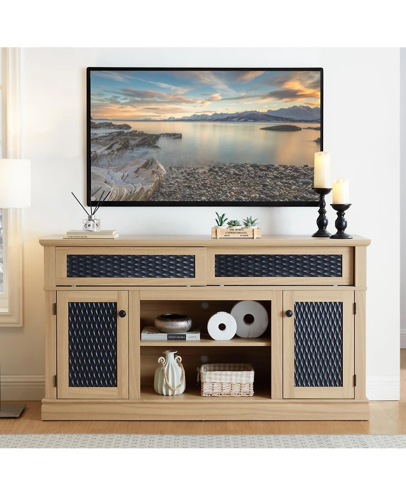 Streamdale Embossed Pattern Tv Console with Media Storage, Light Oak, 58.27"W