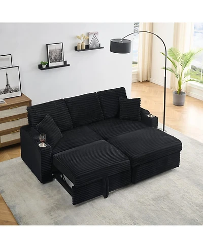 Streamdale Furniture 80" Corduroy Sofa with Reclining, Cup Holders & Removable Footstool, Black
