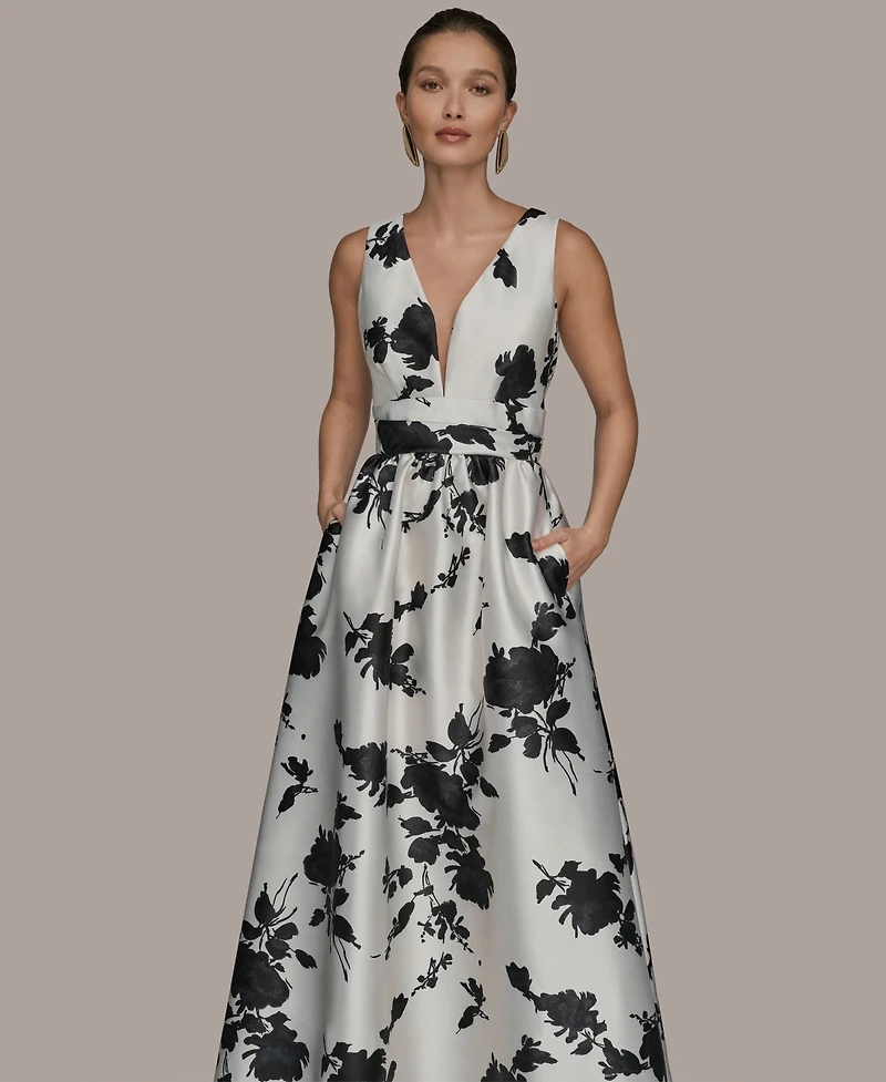 Donna Karan New York Women's Short Sleeve V-neck Floral Print Mikado Gown