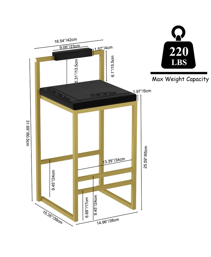 Streamdale Furniture Velvet Counter Stools Set of 2, Low Back, Gold & Black