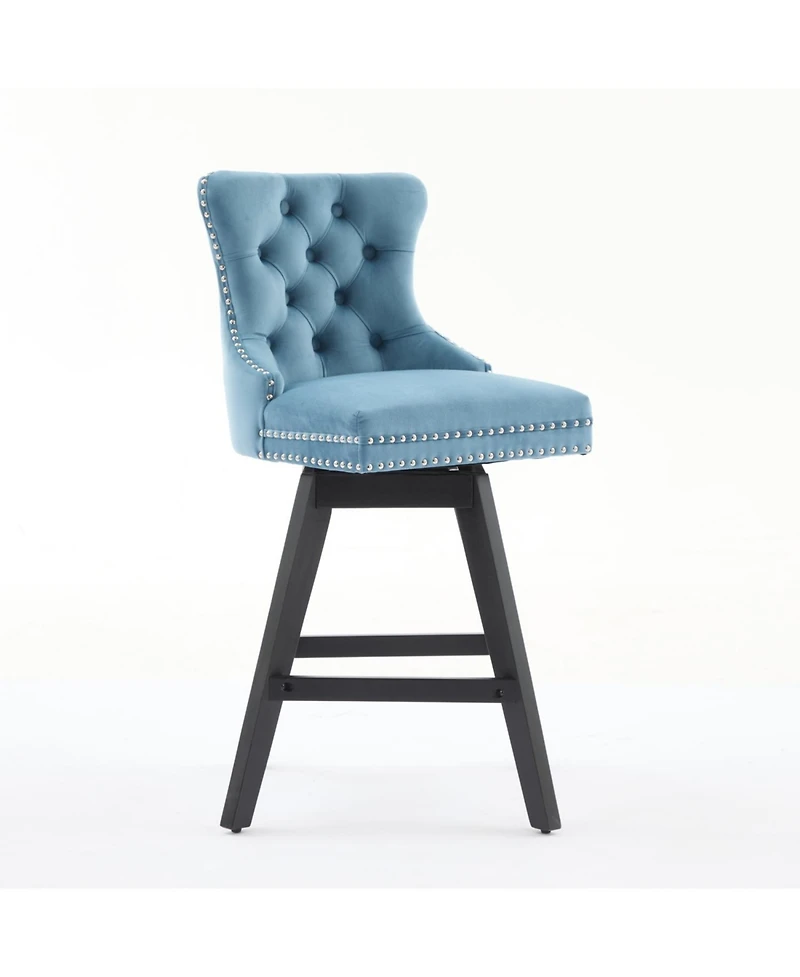 Streamdale Furniture Light Blue Velvet Swivel Bar Stools, Button Tufted, Wood Legs, Set of 2