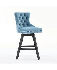 Streamdale Furniture Light Blue Velvet Swivel Bar Stools, Button Tufted, Wood Legs, Set of 2