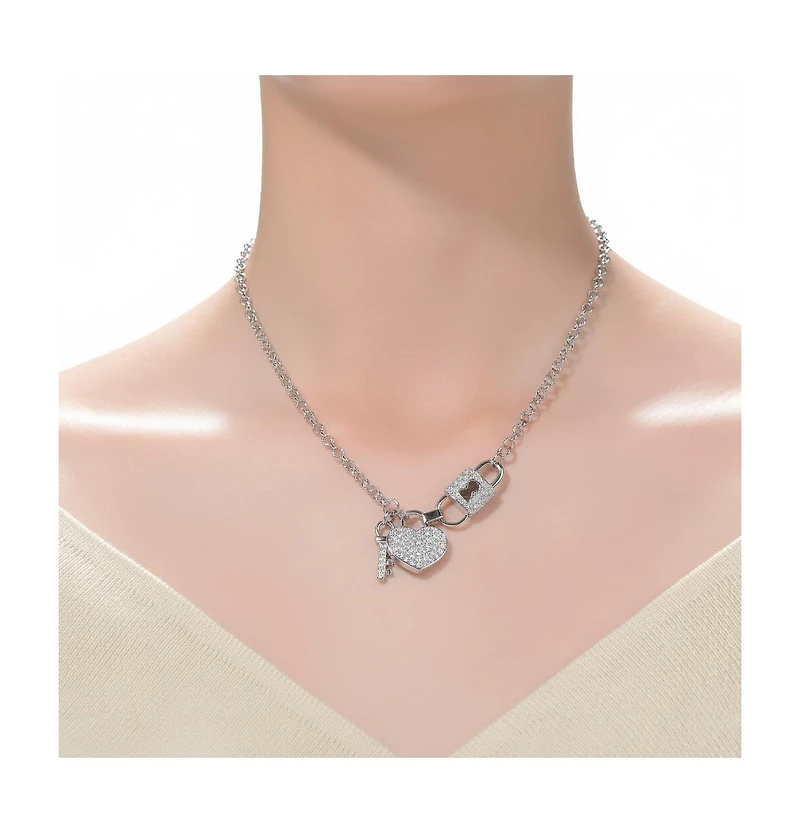 Genevive Teens Sterling Silver Clear Cz Heart & Padlock Charm Necklace
