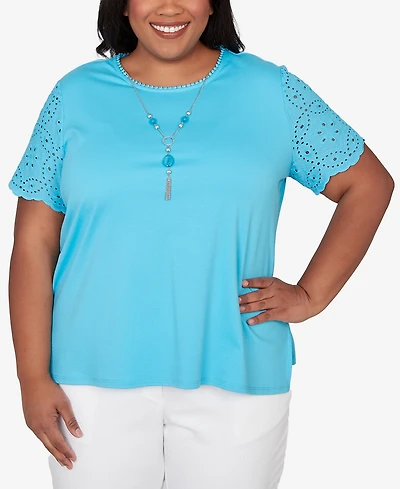 Alfred Dunner Plus Classic Solid Eyelet Sleeve T-Shirt with Necklace