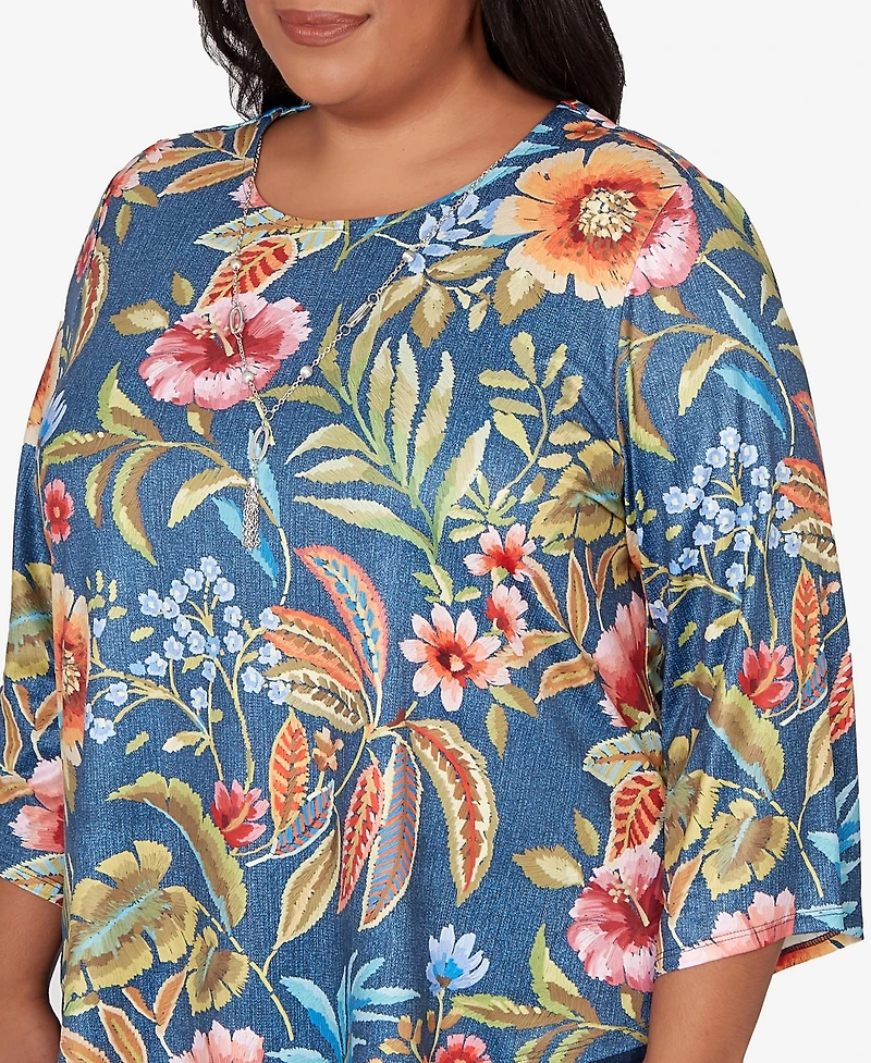 Alfred Dunner Plus Classic Floral Print Pointed Hem Top with Necklace