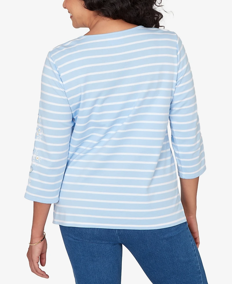 Alfred Dunner Women's Classic Stripe Cornflower Embroidered Sleeve Top with Necklace
