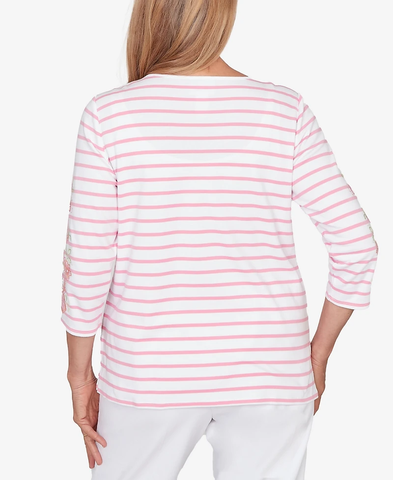 Alfred Dunner Women's Classic Stripe Embroidered Sleeve Top with Necklace