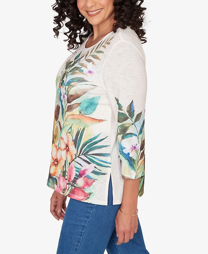 Alfred Dunner Women's Classic Tropical Print Top with Necklace