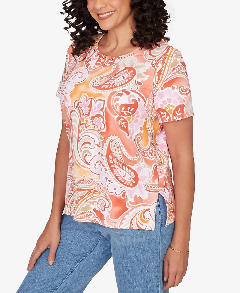 Alfred Dunner Women's Paisley Beaded Neck Pleated T-Shirt