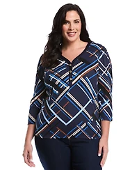 Rafaella Plus Tossed Stripe Print 3/4 Puff Sleeve V-Neck Top