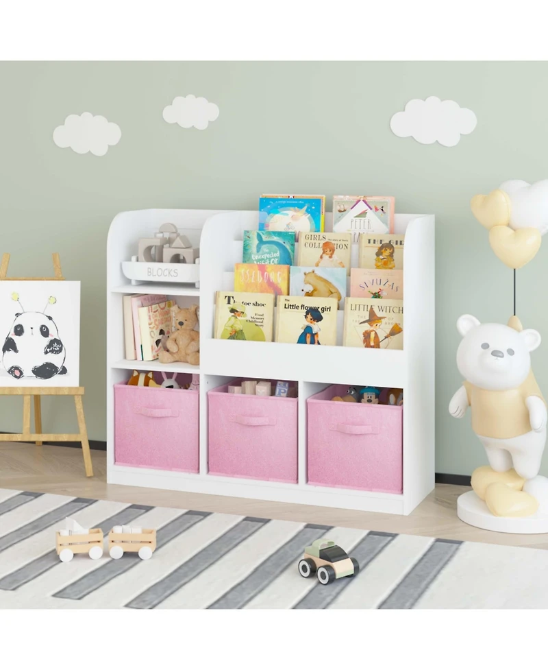 Cesicia White/Pink Kids Bookcase with 3 Collapsible Fabric Drawers for Bedroom