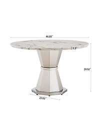 Streamdale Furniture 47" Round Marble Dining Table, High Gloss Faux Marble Top, Stainless Steel Base (White