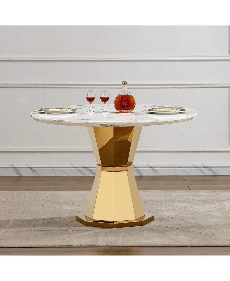 Streamdale Furniture 47" Round Marble Dining Table, Gold Base